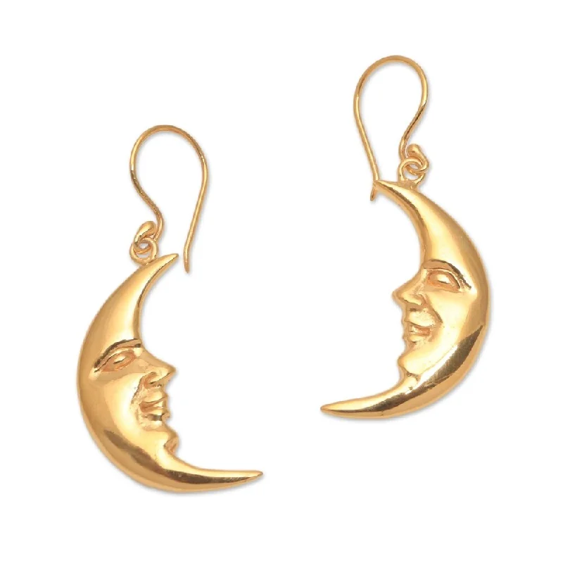 Handmade Happy Moon Gold Plated Sterling Silver Dangle Earrings (Indonesia) - 1.5*0.4