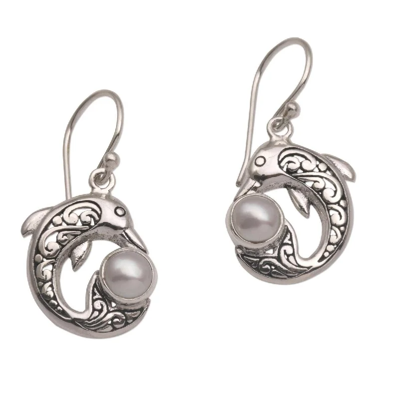 NOVICA Dolphin Gift, Cultured pearl dangle earrings - 1.3L*0.7W