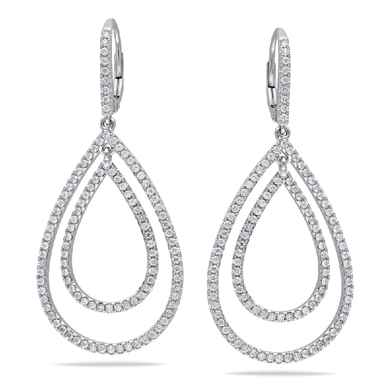 Miadora 14k White Gold 1 3/4ct TDW Diamond Teardrop Halo Open Hoop Dangle Earrings