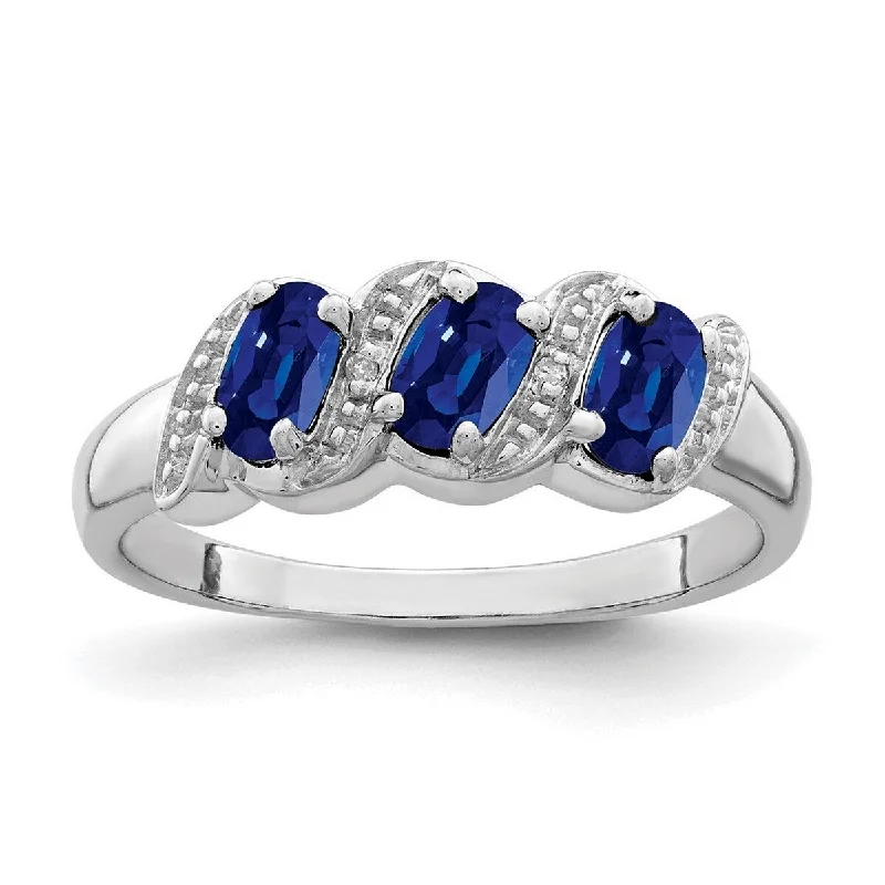 Curata 925 Sterling Silver Polished Open back Rhodium Sapphire and Diamond Ring