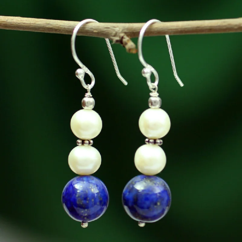 Handmade Mystic Truth Modern Blue Lapis Lazuli with Freshwater Pearls on 925 Sterling Silver Wires Dangle Earrings (India)