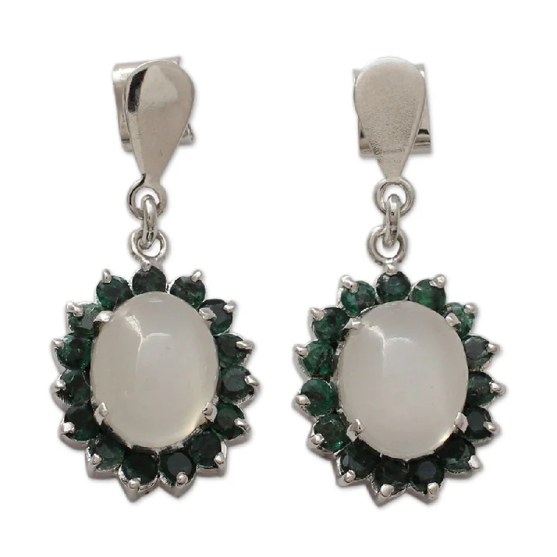 Handmade Sterling Silver 'Love and Devotion' Emerald Moonstone Earrings (India) - 1.3L*0.6W