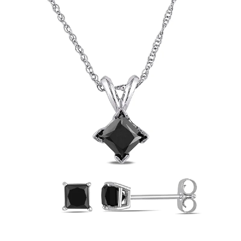 Miadora 10k White Gold 1 1/2ct TDW Black Princess-Cut Diamond Solitaire Earrings and Necklace Set