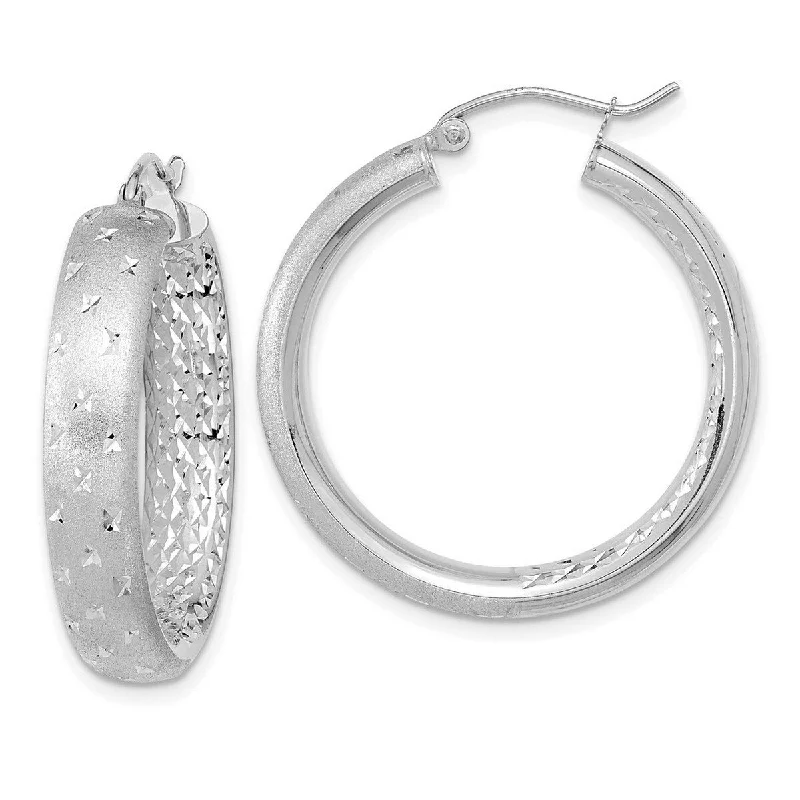 Curata 14k White Gold Satin and Diamond Cut In Out Hoop Earrings 32x5.75mm