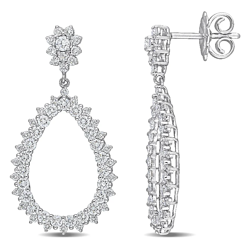 Miadora 18k White Gold 1 3/5ct TDW Diamond Clustered Teardrop Open Hoop Dangle Earrings