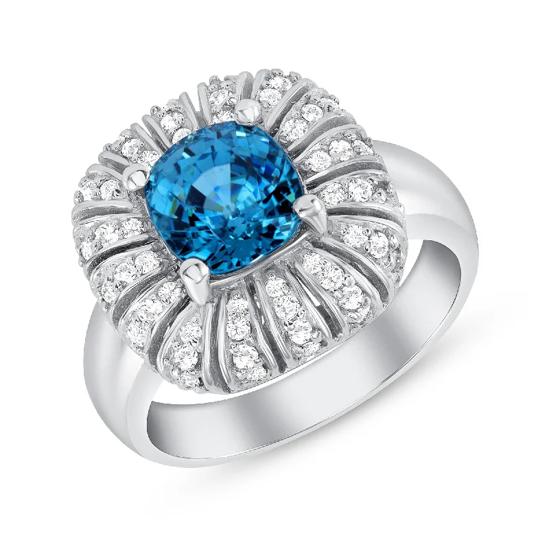 3.06 ct Blue Zircon and Diamond Ring in 14k White Gold