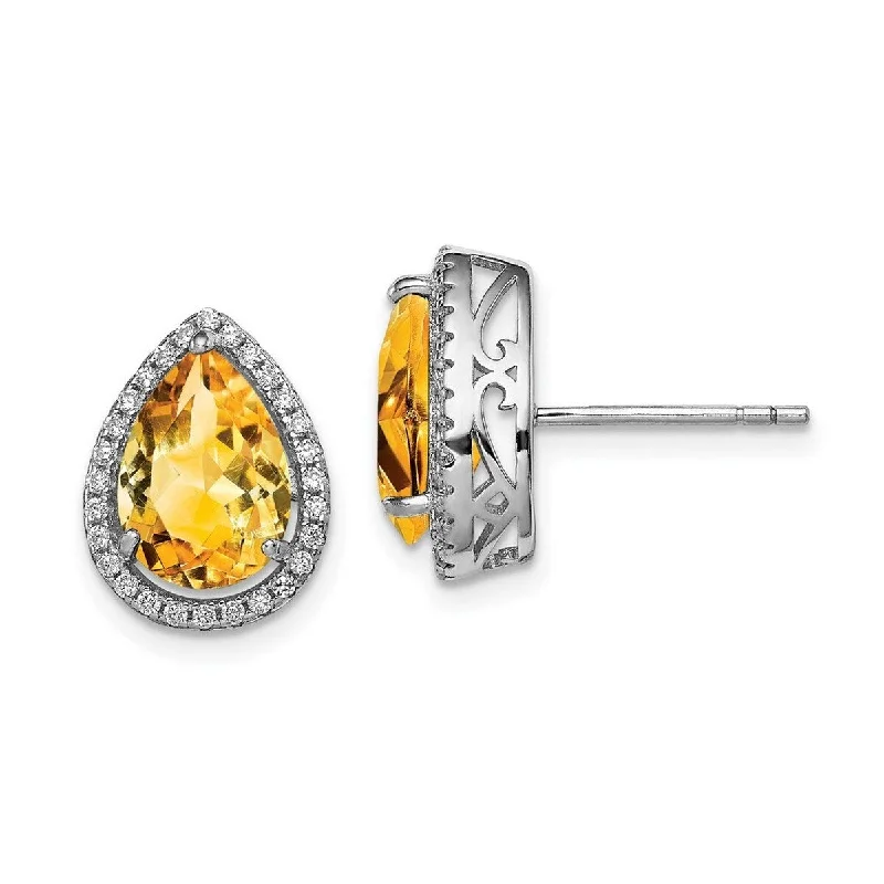 Curata 925 Sterling Silver Polished Citrine and CZ Cubic Zirconia Post Earrings - 14x11mm Wide