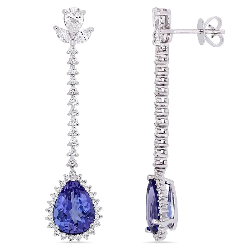 Miadora 14k White Gold Pear-cut Tanzanite 1-3/8ct TDW Diamond Halo Teardrop Dangle Earrings