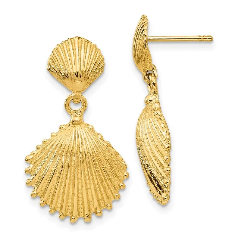 Curata 14k Yellow Gold Textured Scallop Shell Dangle Post Earrings 26x15mm