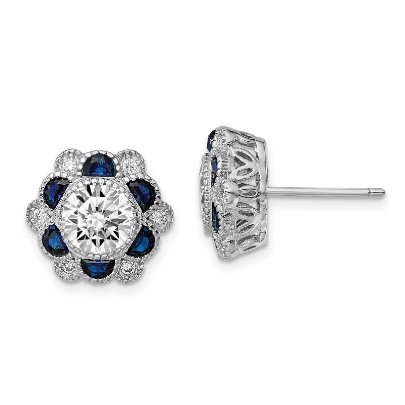 Curata 925 Sterling Silver Rhodium Plated Blue Spinel and CZ Cubic Zirconia Flower Post Earrings