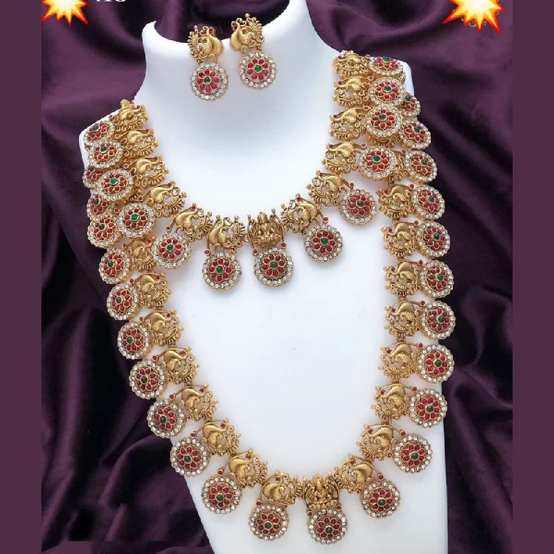 India Art Gold Plated Pota Stone Temple And Peacock Necklace Combo Set