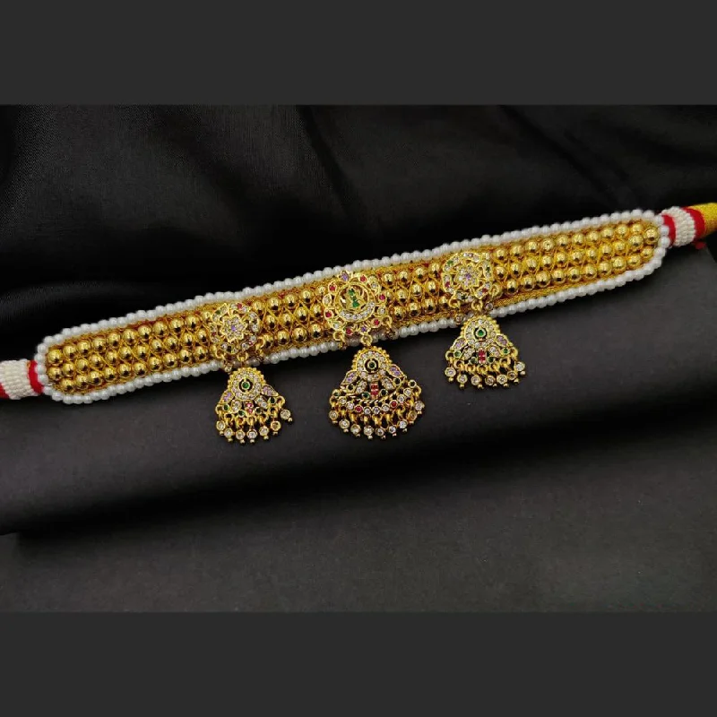 Fancyla Gold Plated Austrian Stone And Pearl Thushi Necklace Set