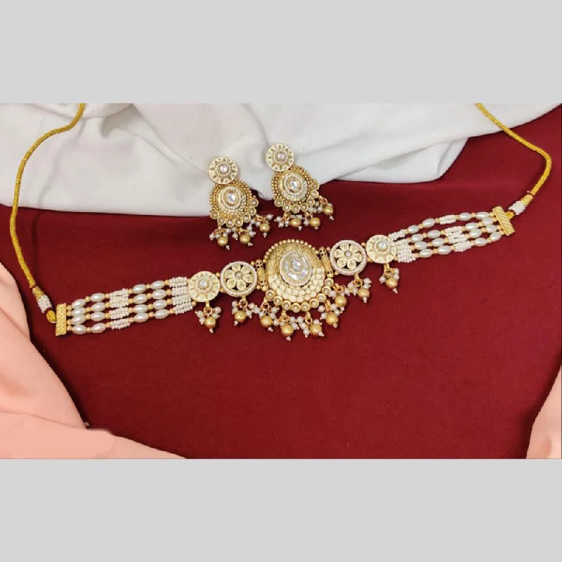 Anjali Jewellery Gold Plated Pota Stone And Meenakari Beads Choker Necklace Set