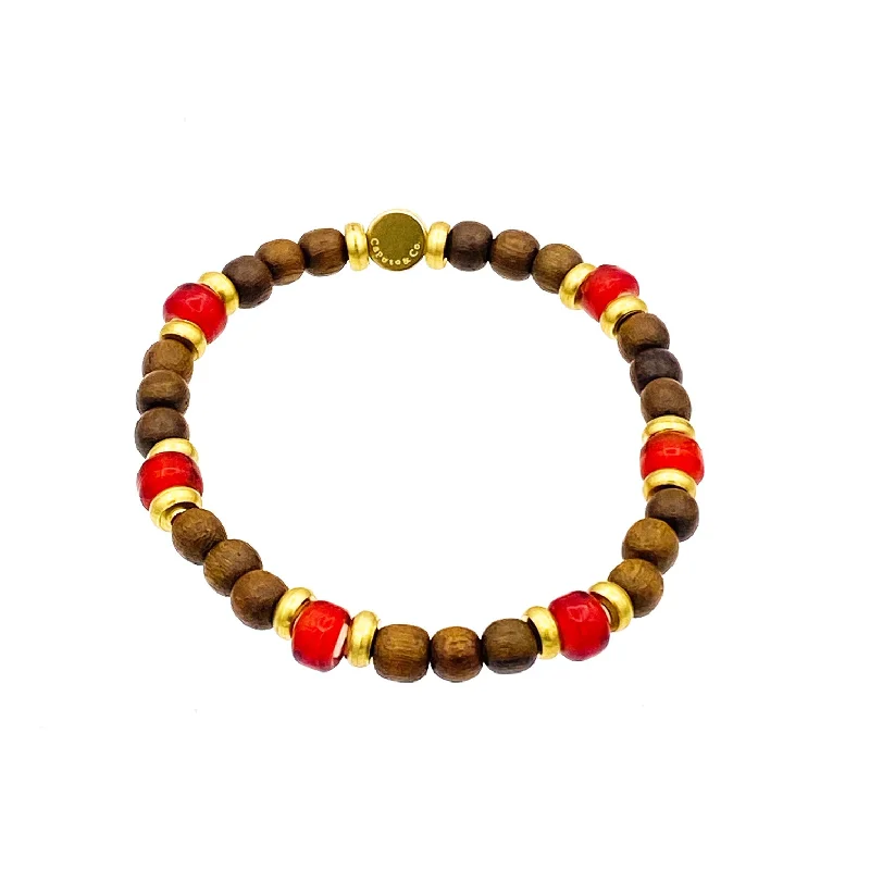 Wood and Glass Stretch Bead Bracelet