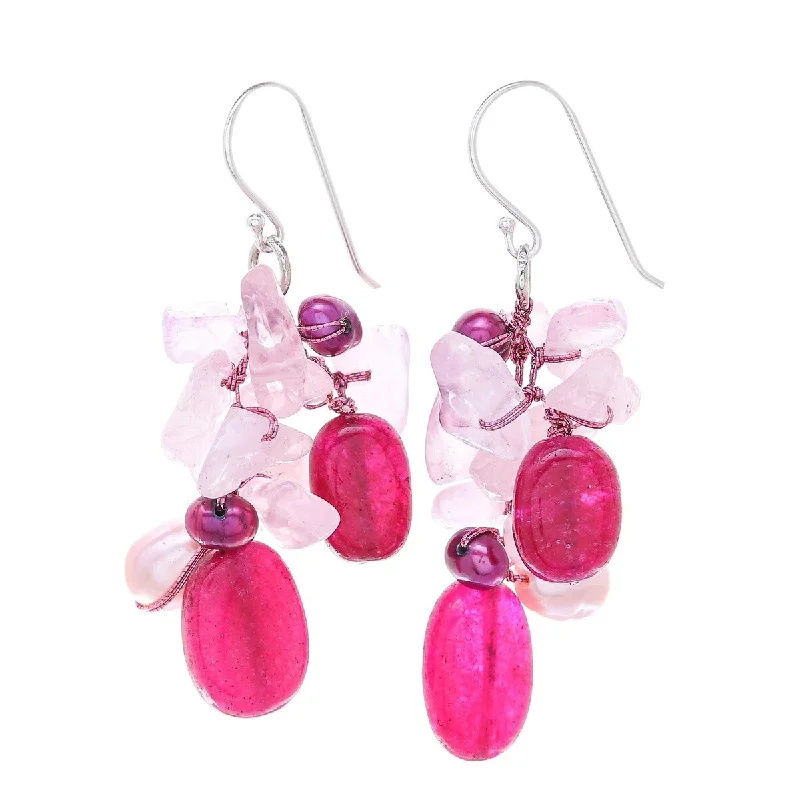 NOVICA Magenta Balloon, Rose quartz and cultured pearl dangle earrings - 2.2*0.8