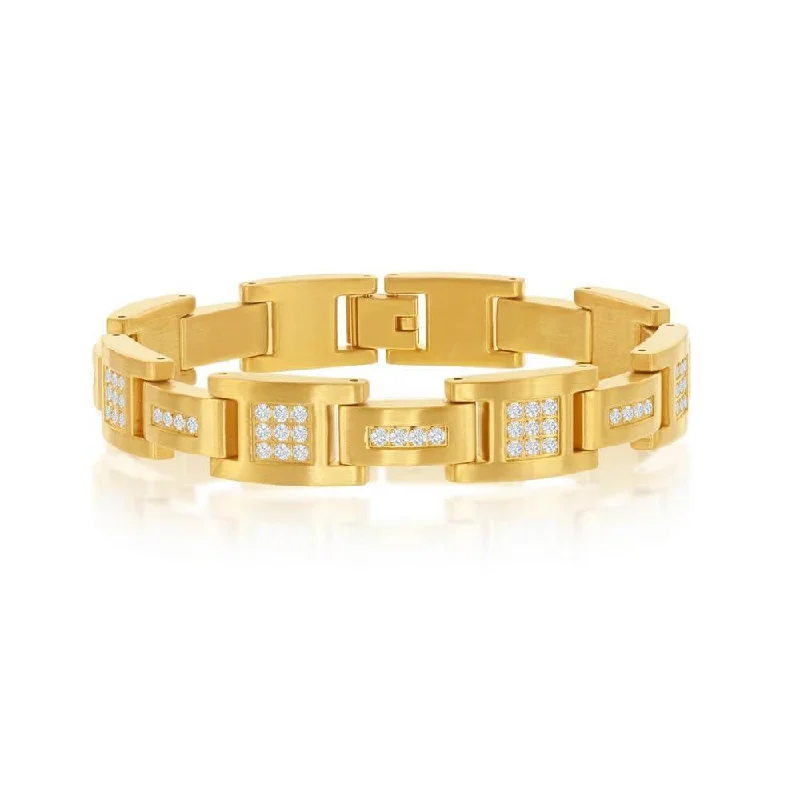 Stainless Steel Matte CZ Link Bracelet - Gold Plated