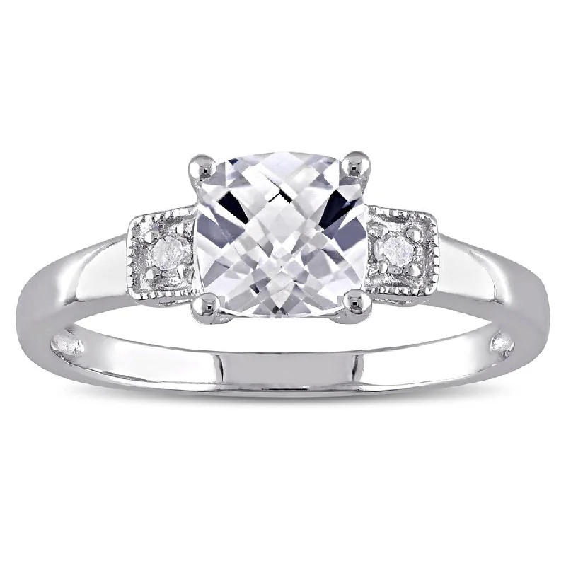 Miadora Sterling Silver Cushion-cut Created White Sapphire and Diamond Ring