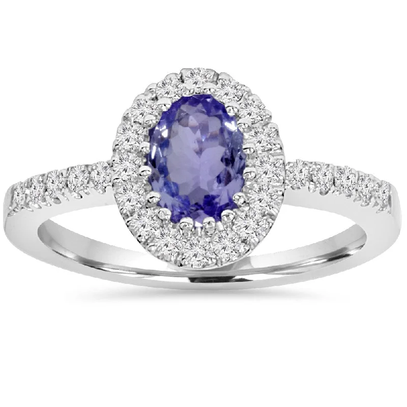 Pompeii3 10K White Gold 1.00 CT Tanzanite Halo Diamond Ring (I-J,I2-I3)