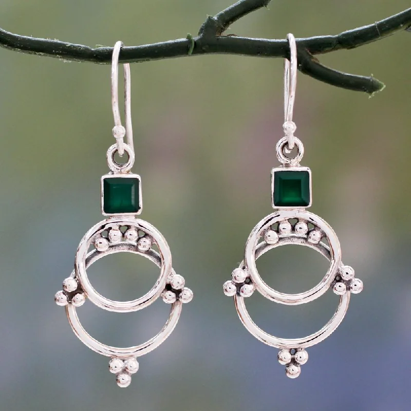 Handmade Sterling Silver 'Jaipur Magic' Green Onyx Earrings (India) - 1.8L*0.8W