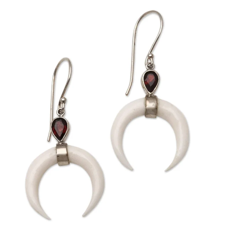 NOVICA Sanur Crescents, Garnet and bone dangle earrings - 1.7*0.8