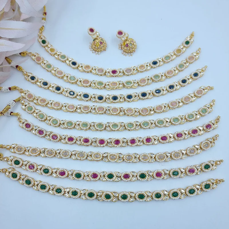 JCM Gold Plated Kundan Stone And Pearls Necklace Set