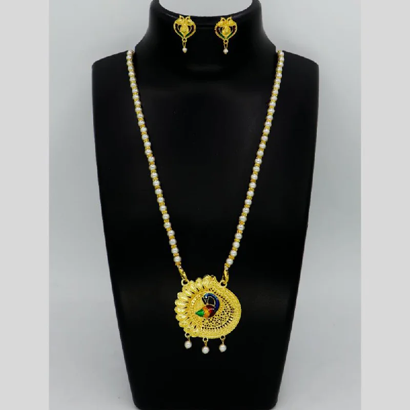 Mahavir Gold Plated Pearls And Meenakari Long Necklace Set