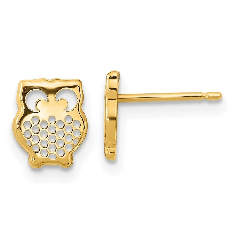 Curata 14k Yellow Gold Cut-out Owl Post Earrings - 7.9x6.55mm