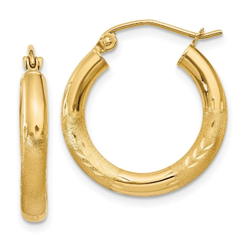 Curata 10k Yellow Gold Satin Diamond-Cut 3x20mm Round Hoop Earrings