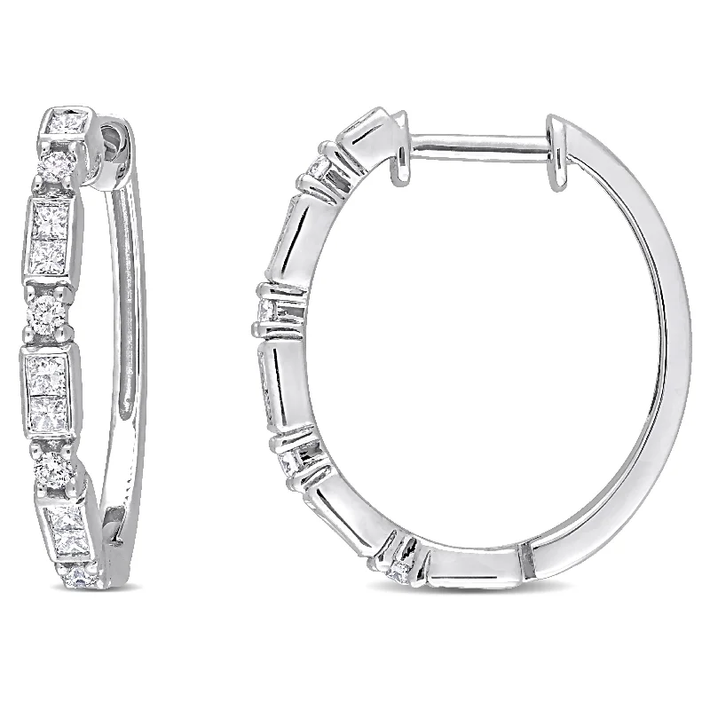 Miadora 1/2ct TDW Princess and Round-cut Diamond Hoop Earrings in 14k White Gold