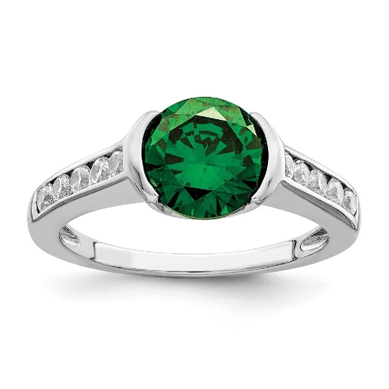 Curata 925 Sterling Silver Oval Polished Open back Green and White Bezel CZ Cubic Zirconia Simulated Diamond Ring