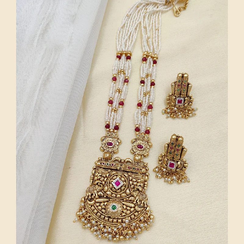 Jewel Addiction Copper Rajwadi Finish Pota Stone And Pearl Long Necklace Set