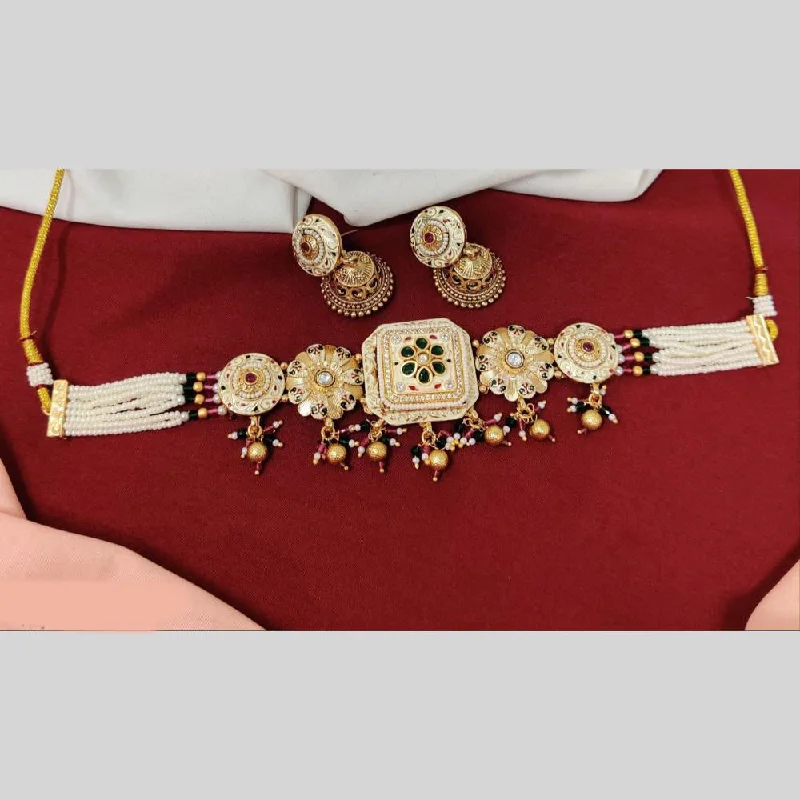 Anjali Jewellery Gold Plated Pota Stone And Meenakari Beads Choker Necklace Set