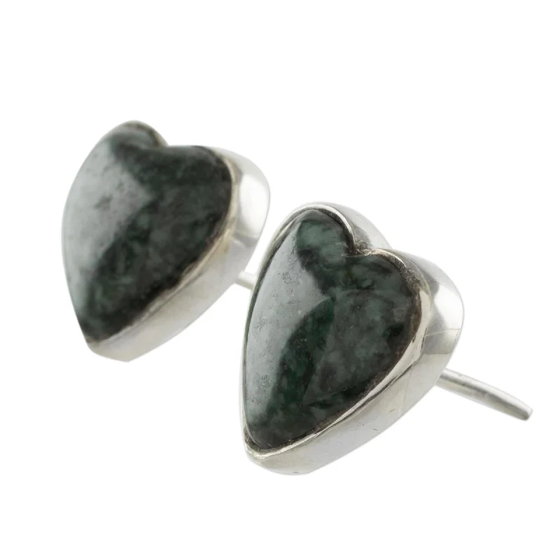 Dark Green Jade Heart Earrings, 'Love Sacred' (Guatemala) - 0.4L*0.4W