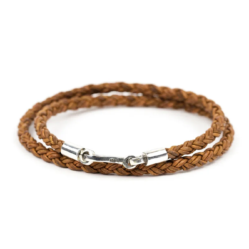 Silver Round Braided Leather Double Wrap