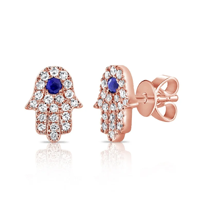 Joelle Diamond & Sapphire Hand Hamsa Studs Earrings 14K Gold 1/8 ct. TDW