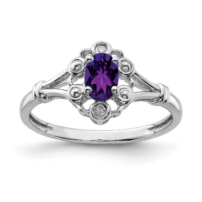 Curata 925 Sterling Silver Polished Open back Amethyst and Diamond Ring