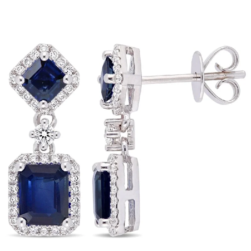 Miadora 14k White Gold Blue Sapphire 3/8ct TDW Diamond Halo Dangle Earrings