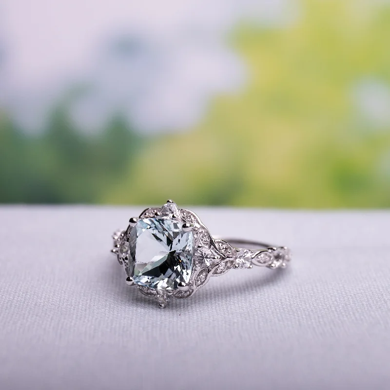 Vintage Aquamarine White Sapphire and Diamond Ring in 14k White Gold by Miadora