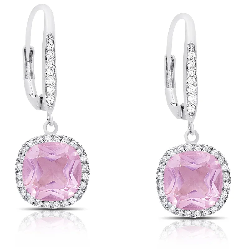 Dolce Giavonna Silver Overlay Simulated Pink Topaz and Cubic Zirconia Dangle Earrings