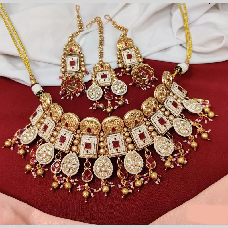 Anjali Jewellery Gold Plated Pota Stone And Meenakari Beads Choker Necklace Set