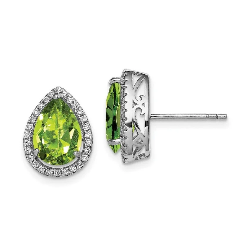 Curata 925 Sterling Silver Polished Simulated Peridot and Cubic Zirconia Post Earrings - 14x11mm Wide