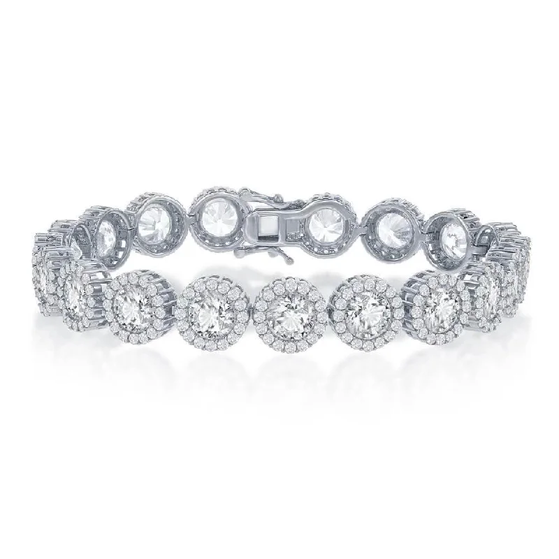 Sterling Silver Round Halo CZ Linked Bracelet