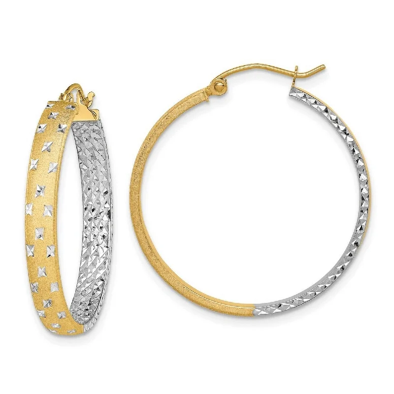 Curata 14k YellowGold Rhodium Polished and Sparkle Cut In Out Hoop Earrings