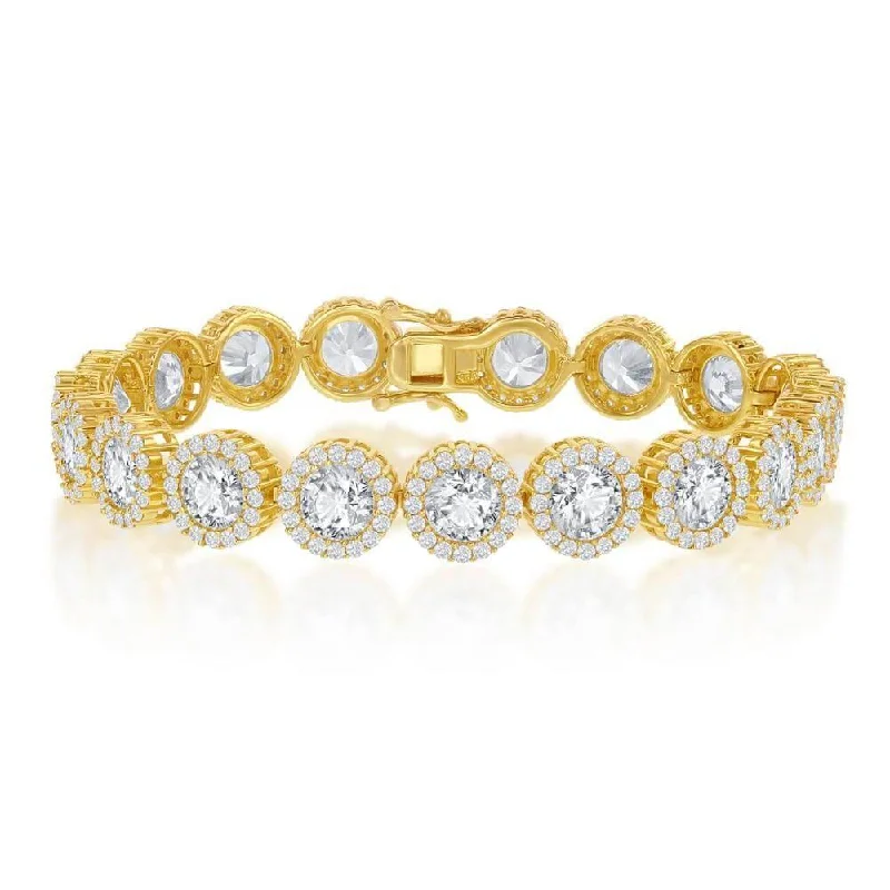 Sterling Silver Round Halo CZ Linked Bracelet - Gold Plated