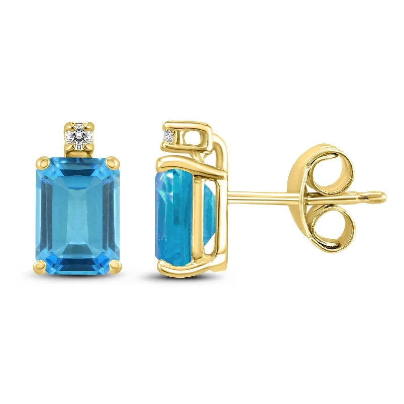 Marquee 14K Yellow Gold 6x4MM Emerald Shaped Blue Topaz and Diamond Earrings