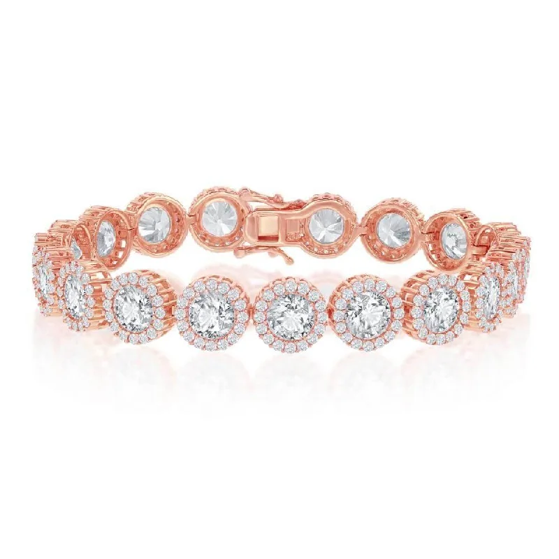 Sterling Silver Round Halo CZ Linked Bracelet - Rose Gold Plated