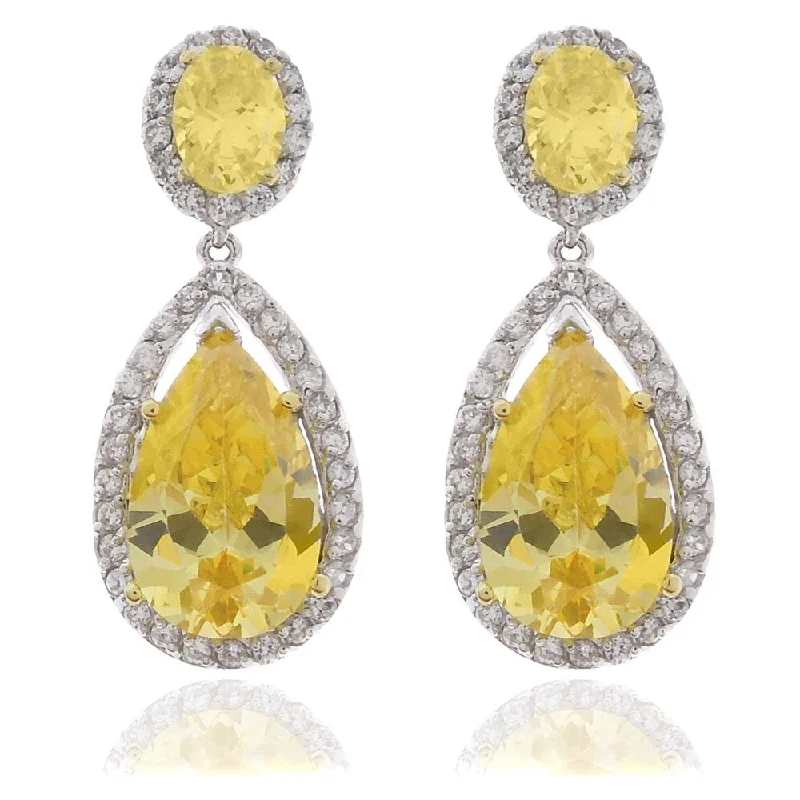 Dolce Giavonna Silver Overlay Yellow and White Cubic Zirconia Teardrop Dangle Earrings