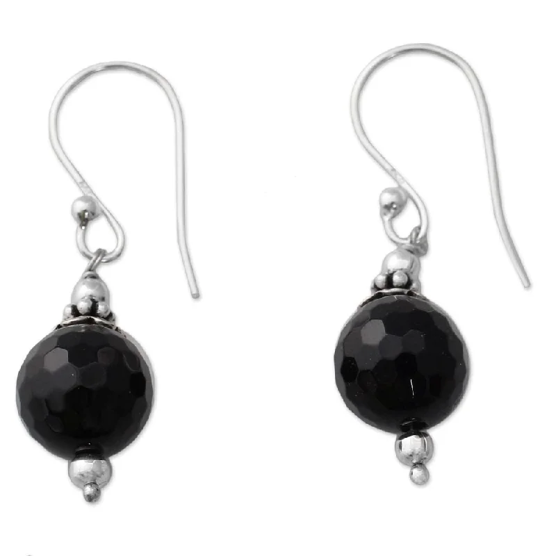 NOVICA Handmade Sterling Silver 'Glorious Black' Onyx Earrings (India) - 1.3*0.4