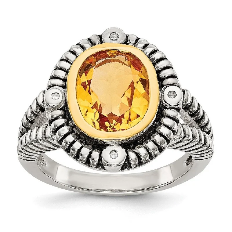 Curata 925 Sterling Silver Polished With 14k Citrine W Diamond Ring