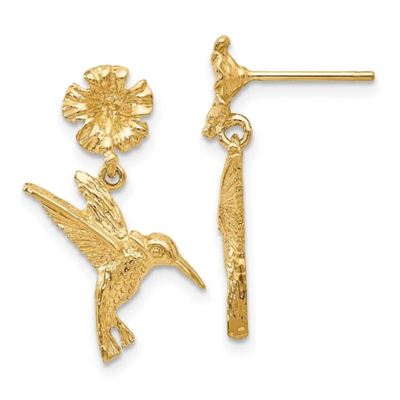 Curata 14k Yellow Gold Textured Humming Bird Dangle from Flower Earrings 24x14mm